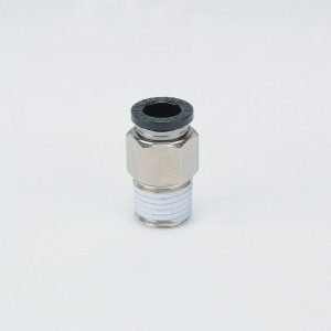 An PISCO stainless steel straight male fitting on a white background.