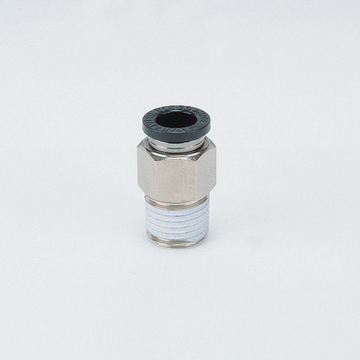 An PISCO stainless steel straight male fitting on a white background.