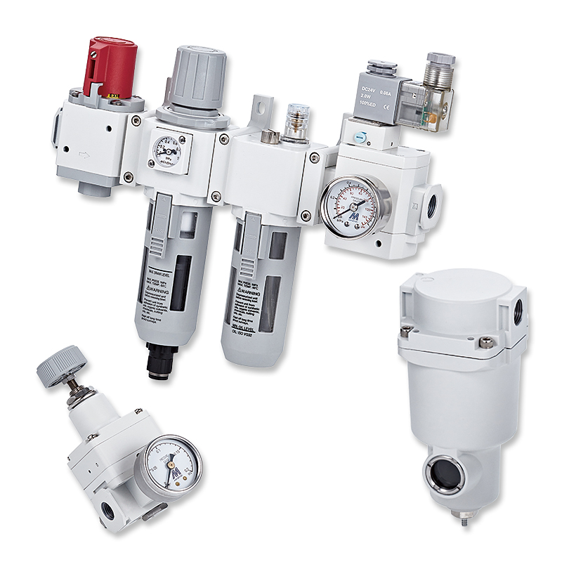 Four different types of pressure regulators on a white background.