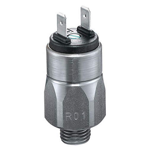 A SUCO 0166 Series, Pressure Switch, Single Contact (Off/On or On/Off switch) 42V/4amp, 1/8 NPT male thread stainless steel pressure switch on a white background.