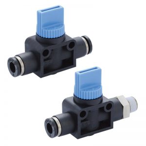 Two black and blue PISCO pneumatic ball valves on a white background.