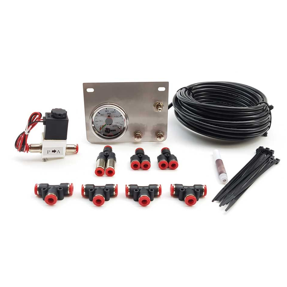 A Boss Incab Control for Onboard Air Kits kit with hoses and wires for in cab control.
