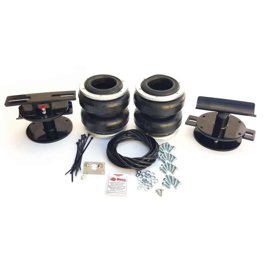 A Toyota Landcruiser 4WD Leaf Spring Airbag Suspension - Boss kit featuring a set of wheels and bolts.