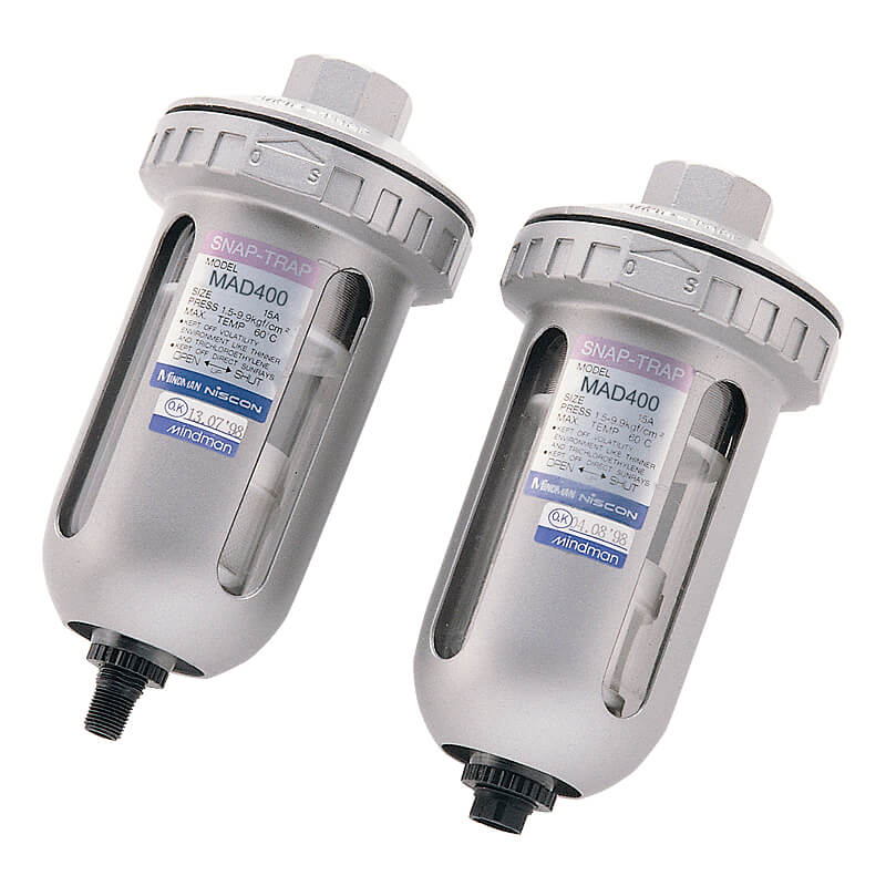 Two Mindman MAD400 Drip Leg Auto Drainer Water Trap - 1/2 BSPP Female Thread water filters on a white background.