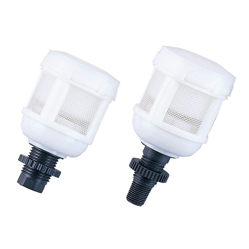 Two white plastic Mindman MADV400 Auto Drainer Module 1/8 BSPT filters on a white background.