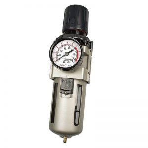 An air compressor with a Mindman MAFR402 Large Air Filter Regulator 1/2 BSPT and pressure gauge on it.