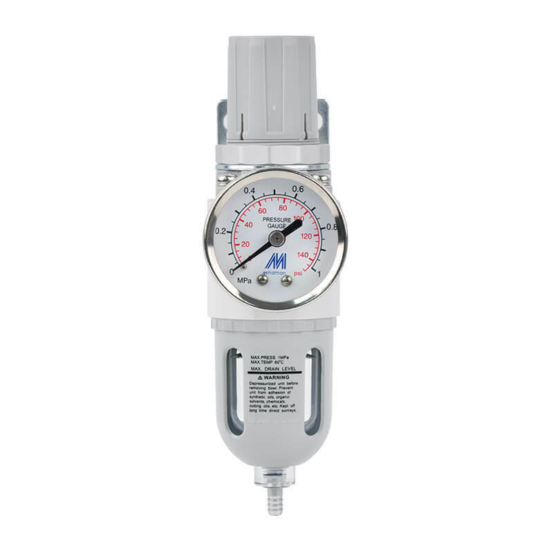 A pressure gauge on a white background with the Mindman MAFR200 Air Filter Regulator 1/8 BSPP.