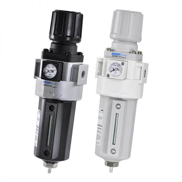 Two different types of Mindman MAFR401 High Pressure Filter Regulators, on a white background.