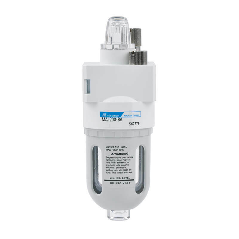 A Mindman MAL200 pneumatic lubricator 1/8 BSPT attached to a water filter on a white background.