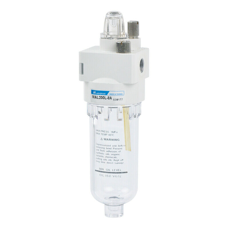 A Mindman MAL200L Pneumatic Lubricator 1/8 BSPT fitted with an air filter on a white background.