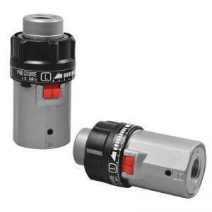 A pair of black and red valves, the Mindman MAR300LK mini inline pressure regulator, on a white background.