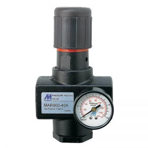 A Mindman MAR900 Air Pressure Regulator 1-1/2 BSPP with a gauge, accurately measures and controls pressure levels for various applications.