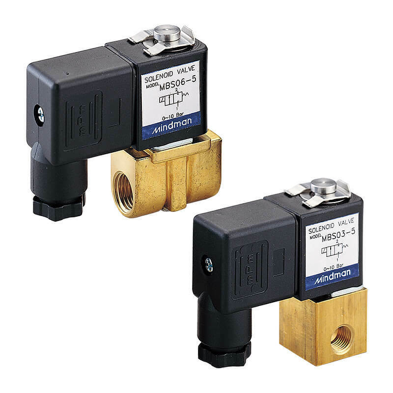 Two Mindman MBS 2/2 Solenoid Plunger Valves on a white background.