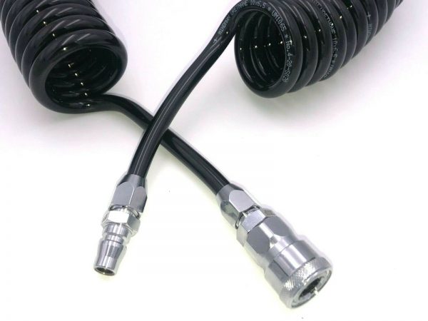 A black Mindman Polyurethane Self Store Coiled Hose with a metal connector attached to it.