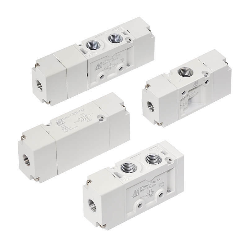 Four different types of Mindman MVAA-220 Pilot Spring Spool Valves, including pilot spool valve, on a white background.