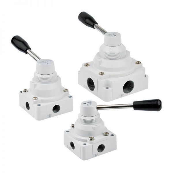 Three white valves on a white background, including a Mindman MVHC Rotary Manual Lever Spool Valve.