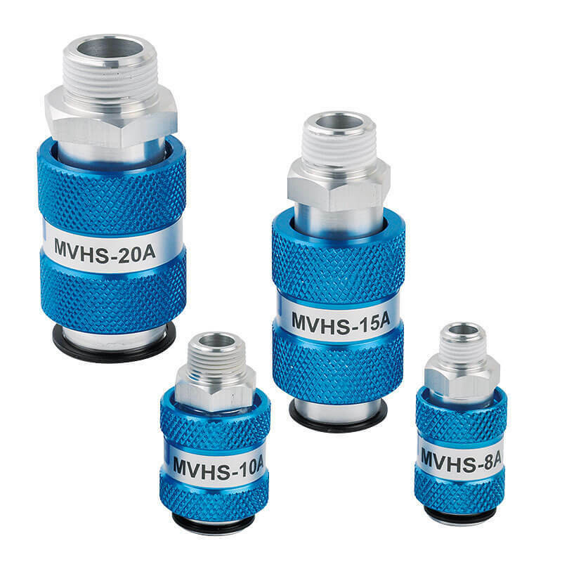 Four blue Mindman MVHS 3/2 Hand Slide Isolation Valves with slide isolation valves on a white background.