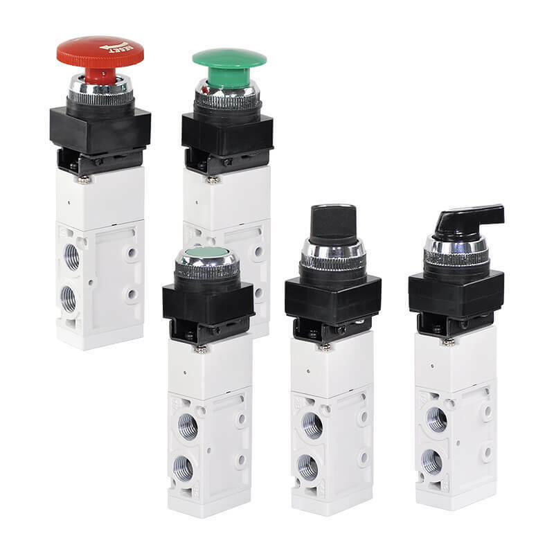 Four different types of Mindman MVMB-220 5/2 Push Button Stop Valves on a white background.