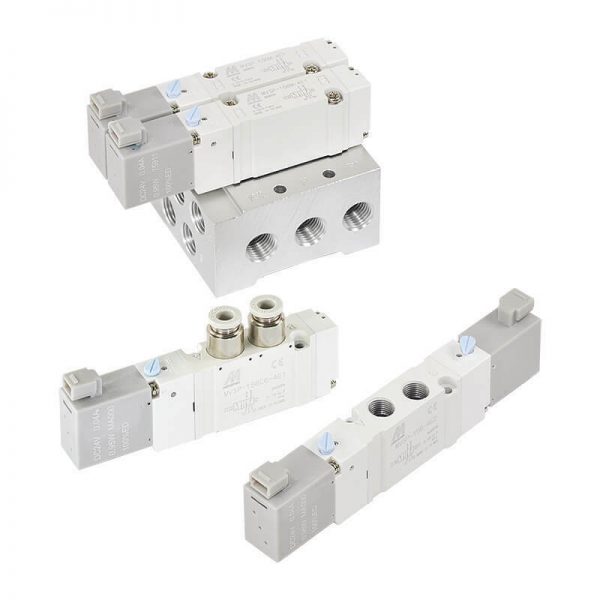 Three different types of Mindman MVSP-156 5/3 Solenoid Spool Valves on a white background.