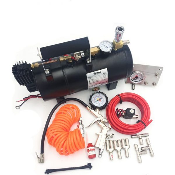 A Boss 12V Compressor Tank Airbag Inflation Combo kit with hoses and gauges for car air compression.