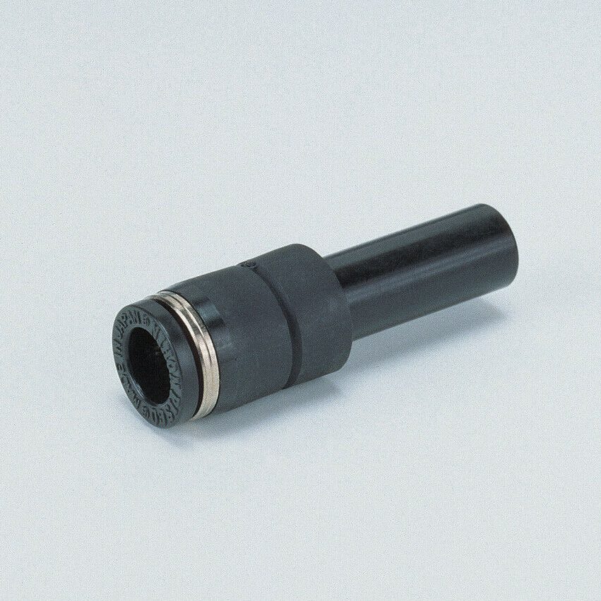 A black plastic PISCO Straight Stem Reducer Fitting - Metric on a white surface.