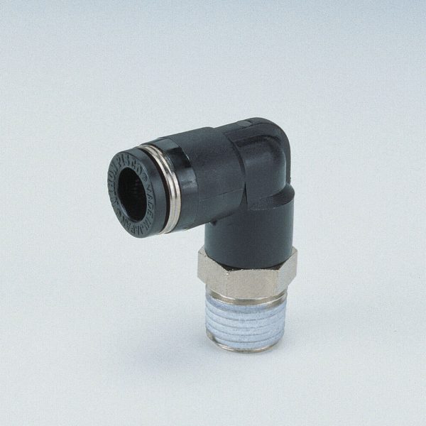 A black plastic PISCO Elbow Male Fitting - Imperial with an elbow shape on a white background.