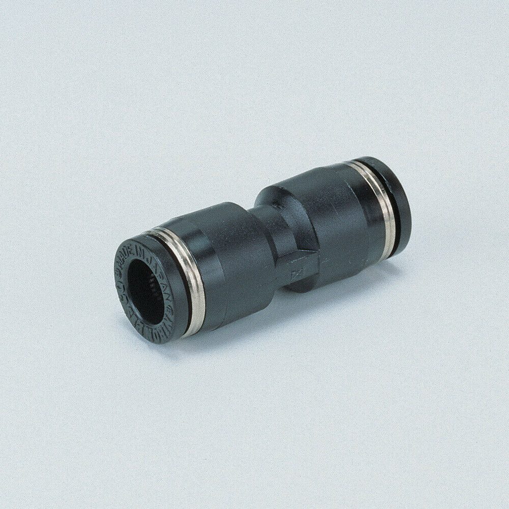 A black plastic connector on a white background featuring PISCO Straight Union Fittings - Imperial.