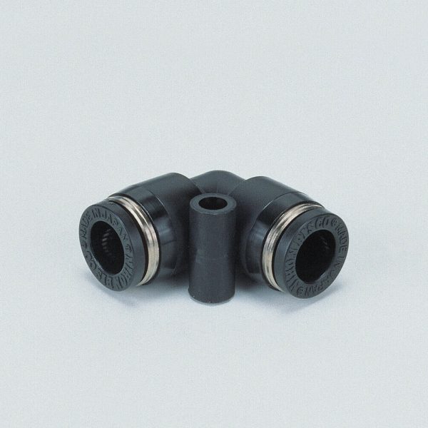 A pair of PISCO Imperial Elbow Union Fittings - black plastic fittings on a white background.