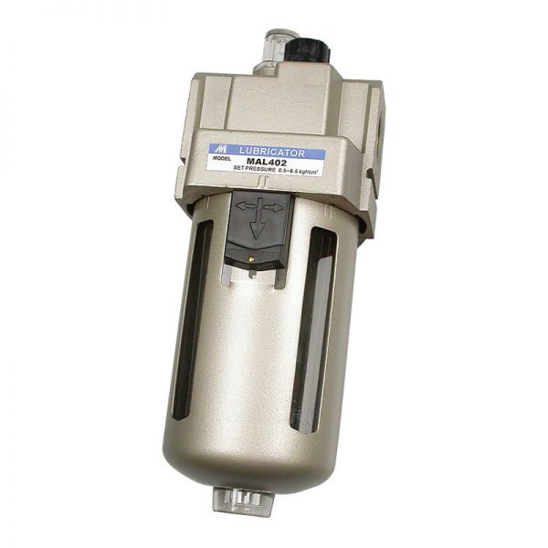 A Mindman MAL402 Pneumatic Lubricator 1/2 BSPT attached to an air filter on a white background.