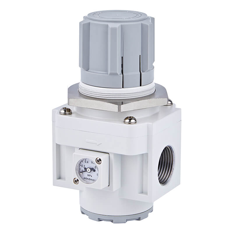 A white Mindman MAR501 Pneumatic Air Pressure Regulator 1" BSPT on a white background, manufactured by Mindman (MAR501), and used in pneumatics.
