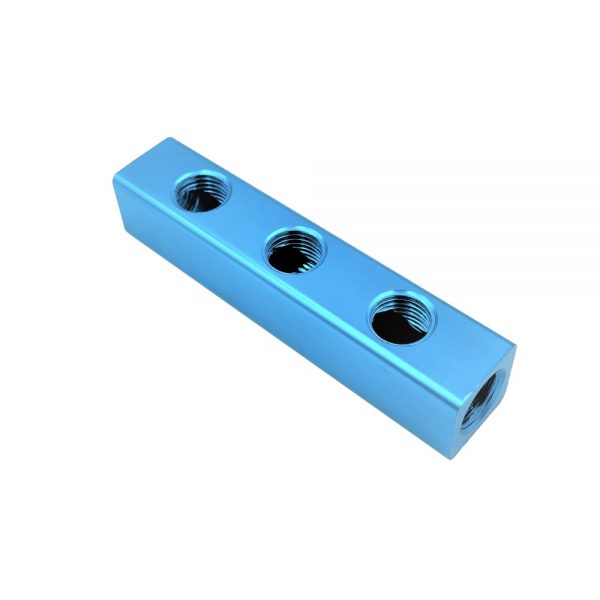 A blue Aluminium Air Manifolds 1/4 BSPT block with two air manifolds.