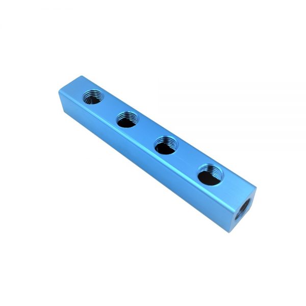 A blue Aluminium Air Manifolds 1/4 BSPT bracket with four holes on it.