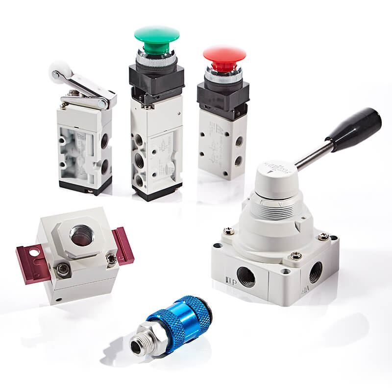 Various types of valves on a white background.