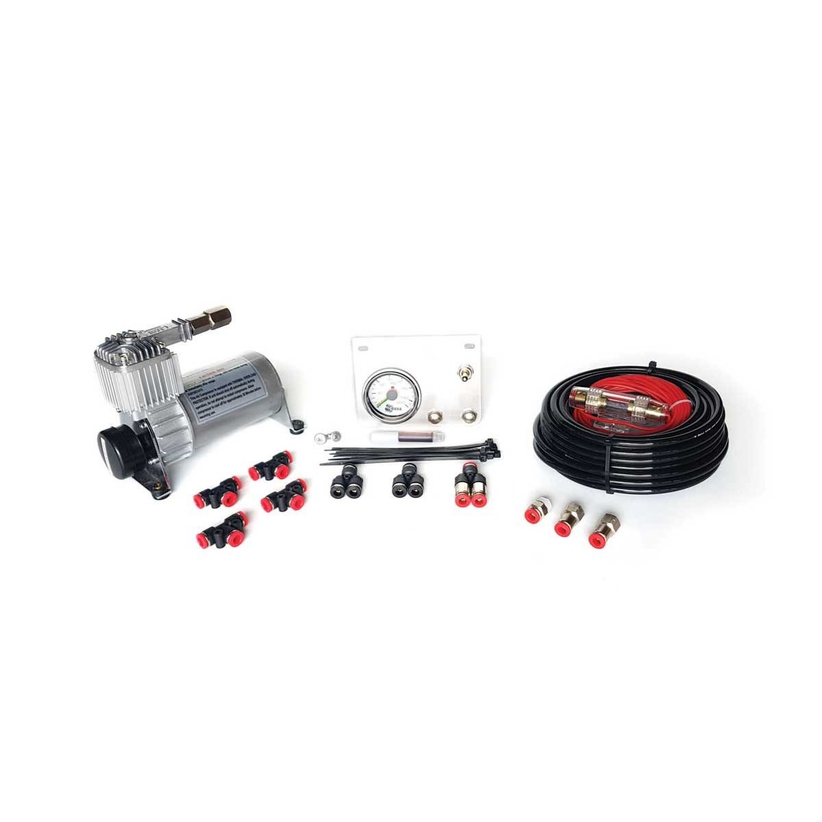 A car air compressor kit with hoses and hoses.