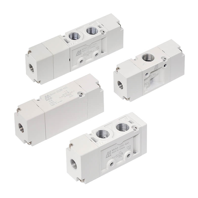 Four different types of solenoid valves on a white background.