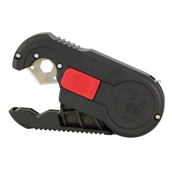 A black and red tool with a red handle.