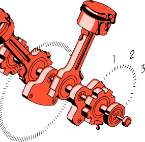 A red engine crankshaft on a black background.