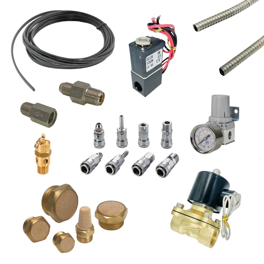 A variety of hoses, valves, and other equipment.